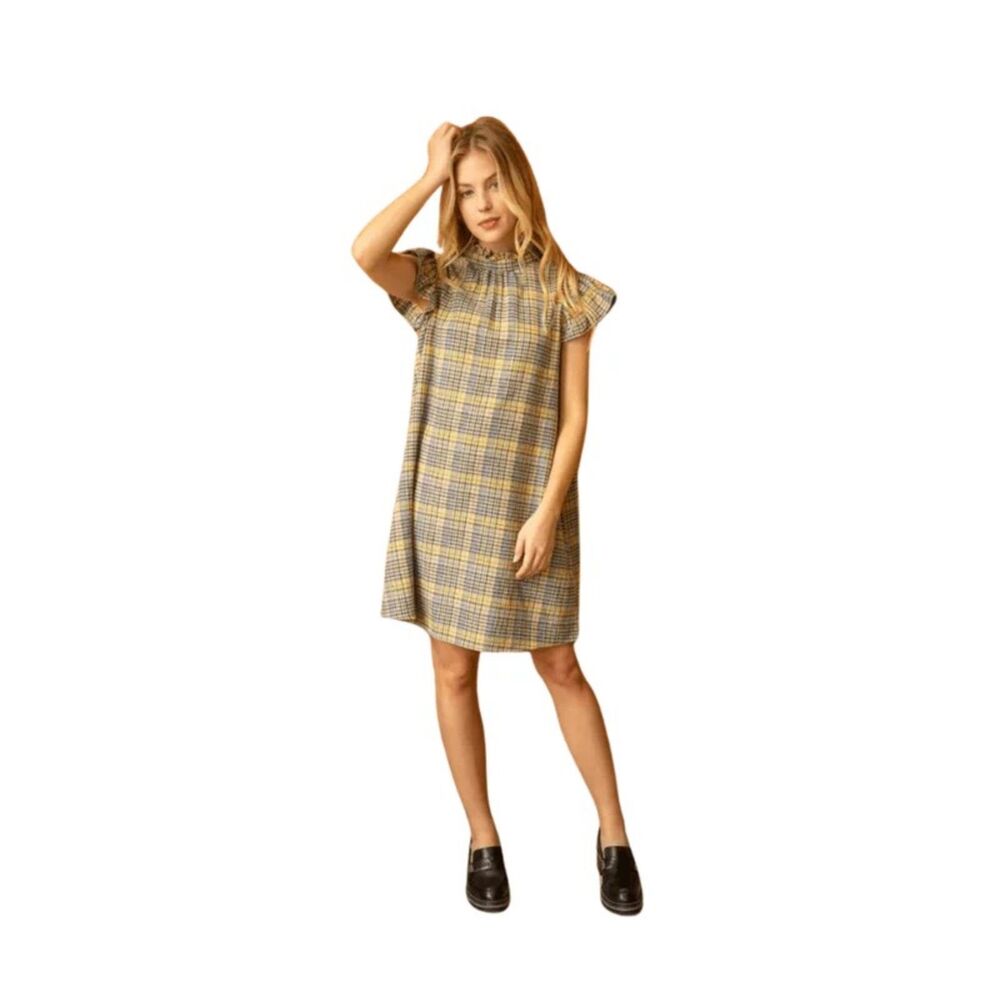 VOY RUFFLE SLEEVE TIE BACK PLAID DRESS | Medium